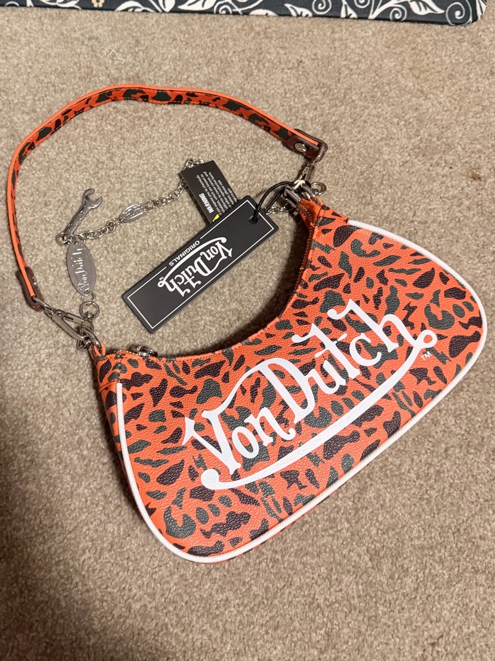 Von Dutch 🔥 Orange Leopard-Print Mini Shoulder Bag with White Logo - NWT
